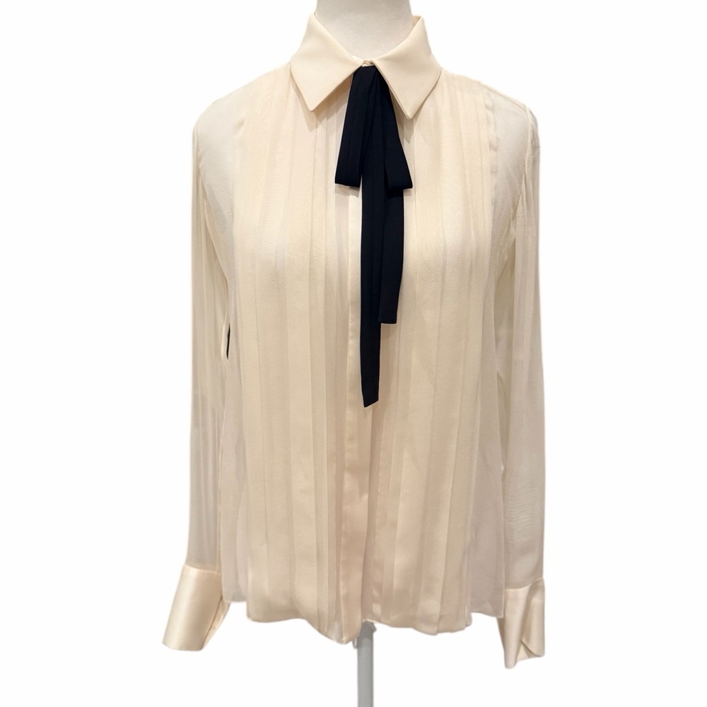 J.‎ Mendel Silk Long Sleeve Pleated Semi Sheer Black Bow Blouse Women's Size 2